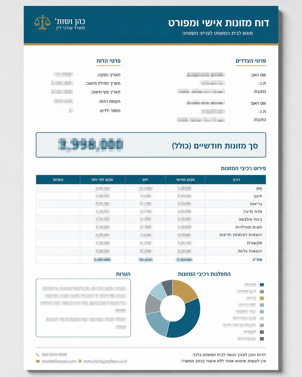 המחשה של הדוח האישי והמפורט למזונות ילדים, הנתונים מטושטשים